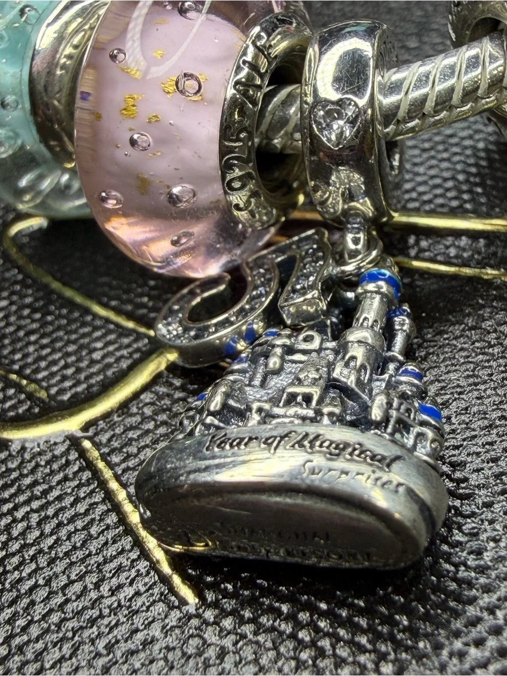 Pandora Silver Charm Bracelet with Pastel Glass and Castle Dangle